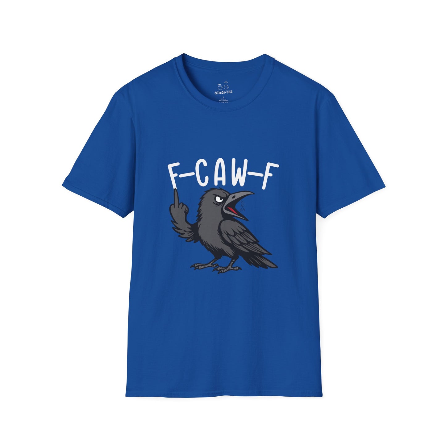 Black crow with attitude on shirt, text reading ‘F Caw F’ in bold letters