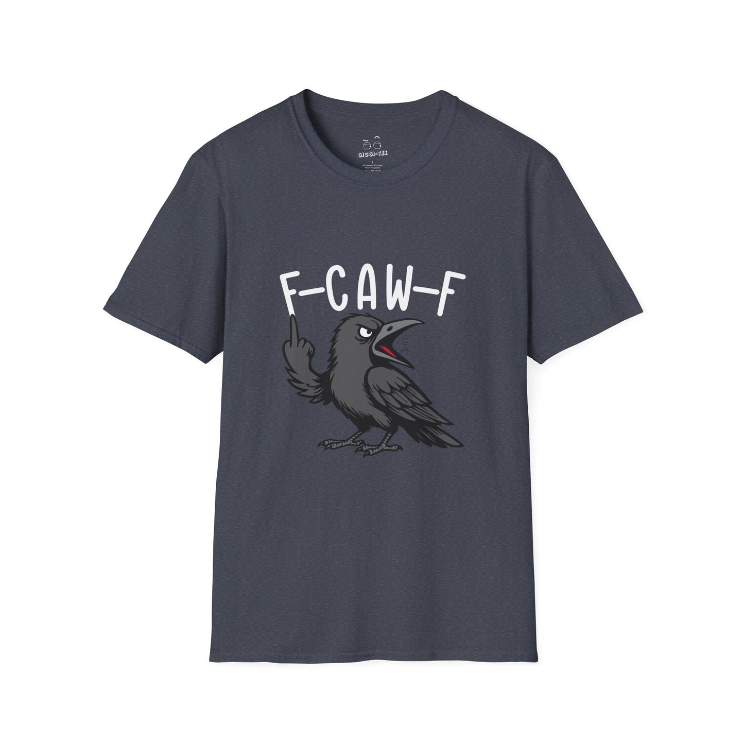 Black crow with attitude on shirt, text reading ‘F Caw F’ in bold letters