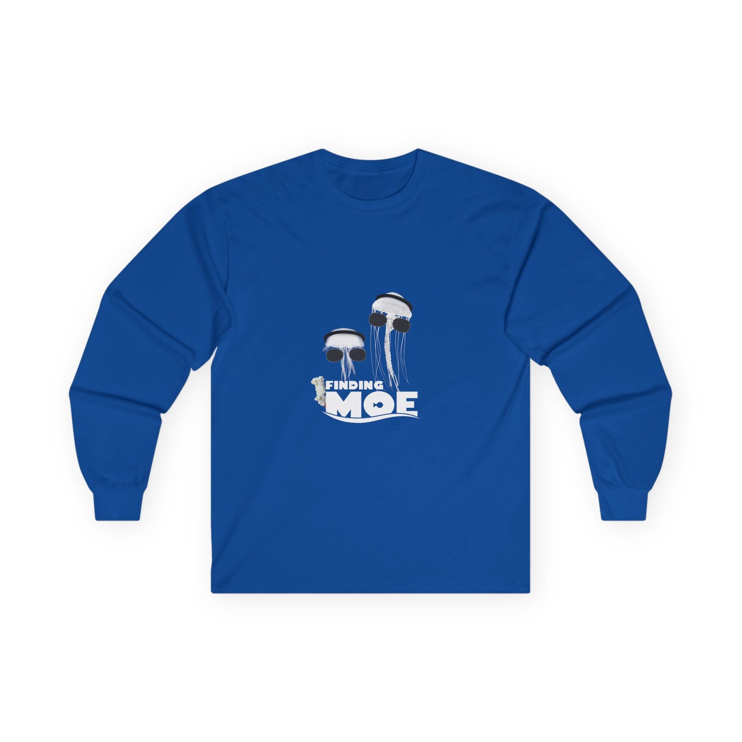 Finding Moe t-shirt parody of Finding Nemo with two jellyfish, one in agal and one in sunglasses, Gulf culture humor shirt.