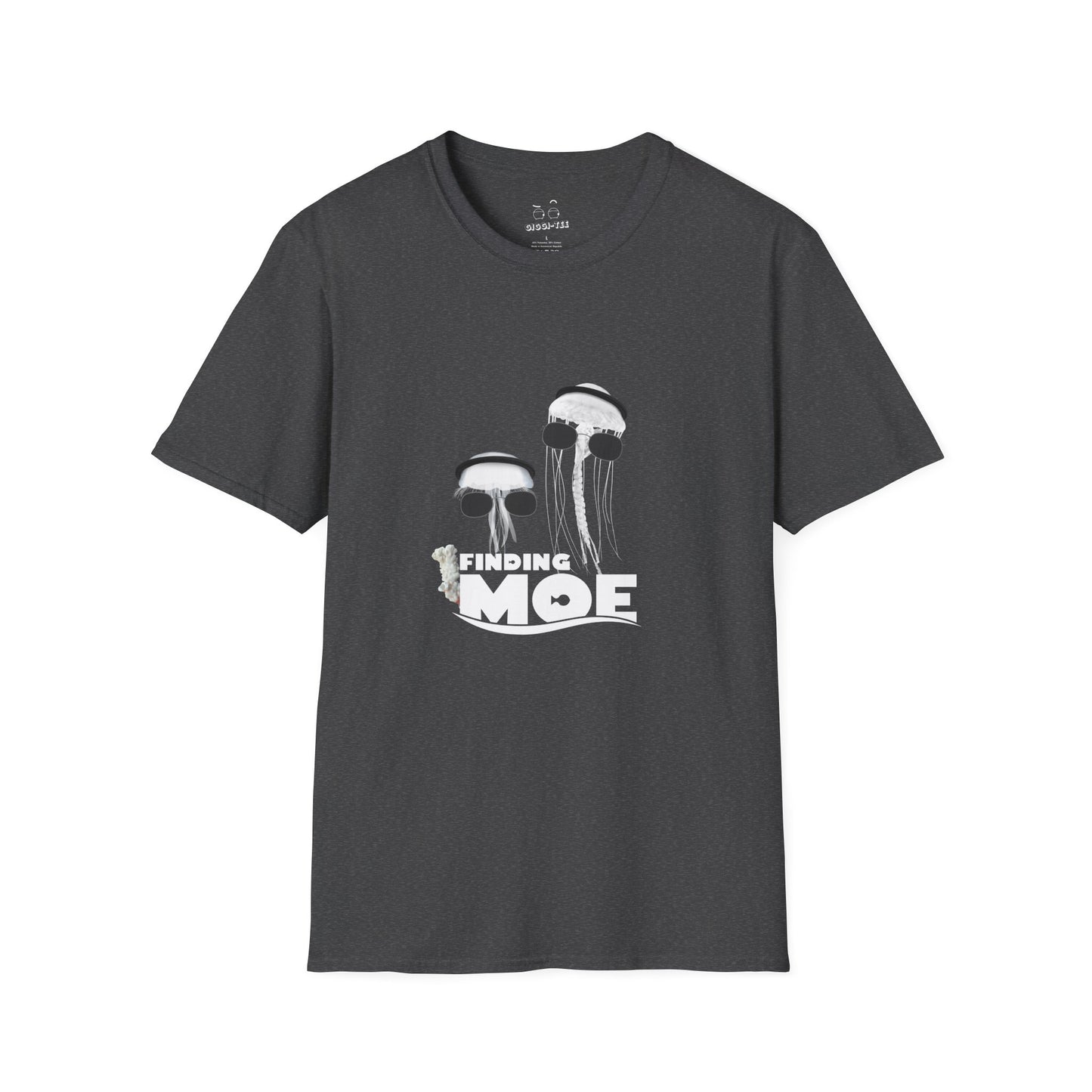 Finding Moe t-shirt parody of Finding Nemo with two jellyfish, one in agal and one in sunglasses, Gulf culture humor shirt.