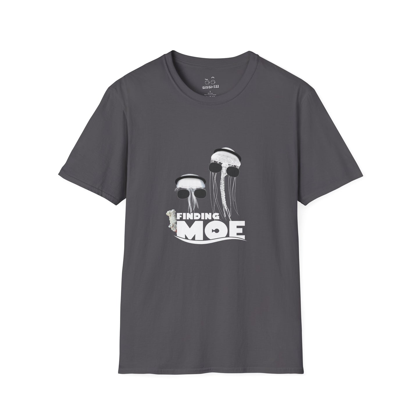 Finding Moe t-shirt parody of Finding Nemo with two jellyfish, one in agal and one in sunglasses, Gulf culture humor shirt.