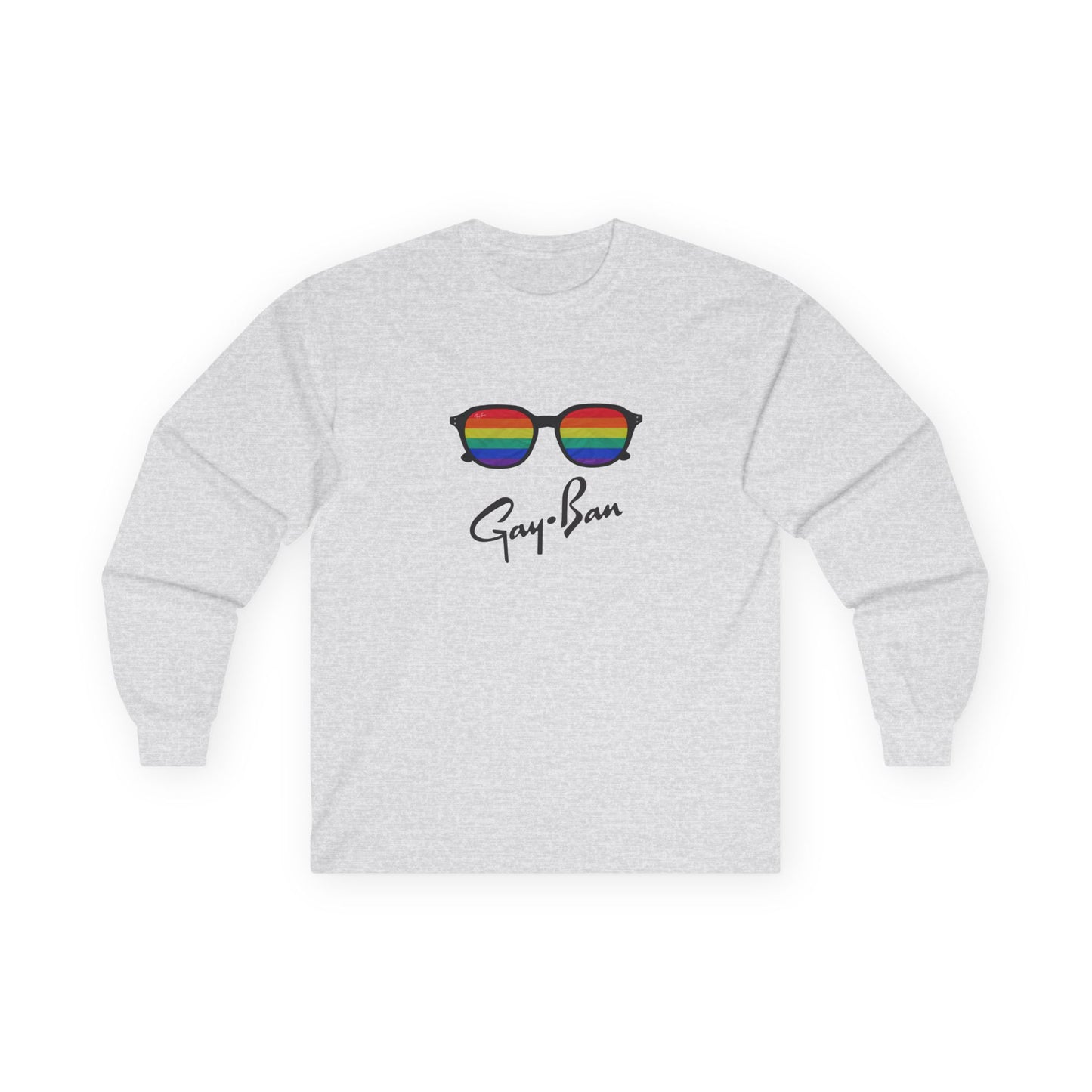 Satirical ‘Gay-Ban’ t-shirt parodying the Ray-Ban logo with colorful sunglasses design, mixing bold humor and brand satire