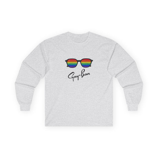 Satirical ‘Gay-Ban’ t-shirt parodying the Ray-Ban logo with colorful sunglasses design, mixing bold humor and brand satire