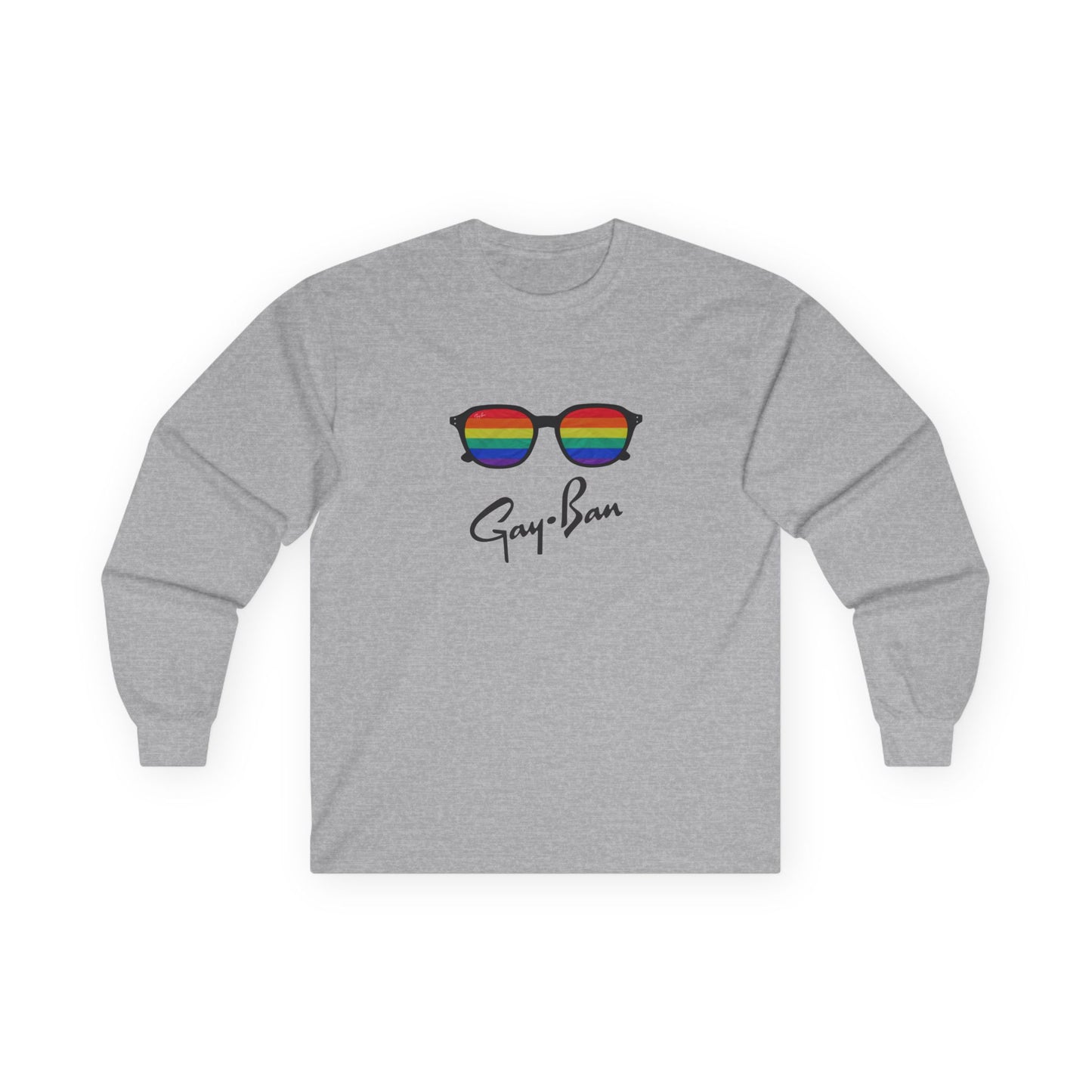 Satirical ‘Gay-Ban’ t-shirt parodying the Ray-Ban logo with colorful sunglasses design, mixing bold humor and brand satire