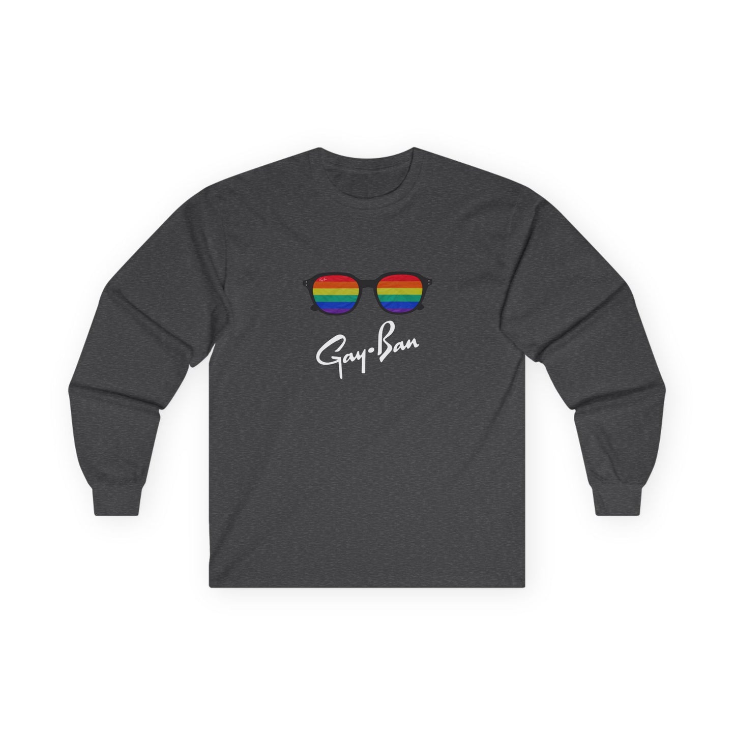 Satirical ‘Gay-Ban’ t-shirt parodying the Ray-Ban logo with colorful sunglasses design, mixing bold humor and brand satire