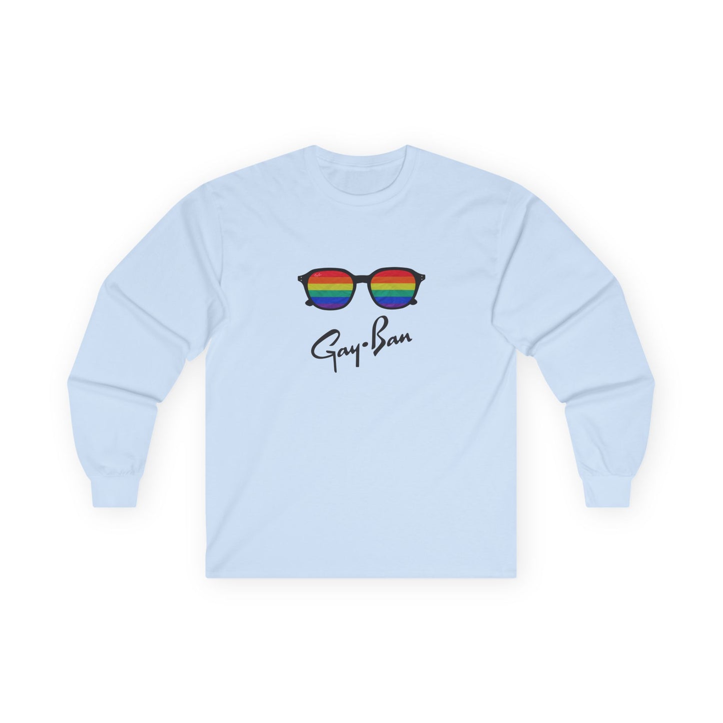 Satirical ‘Gay-Ban’ t-shirt parodying the Ray-Ban logo with colorful sunglasses design, mixing bold humor and brand satire