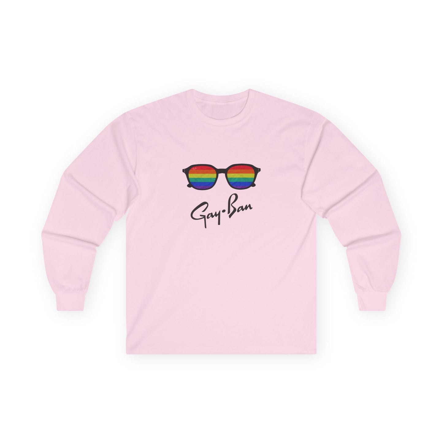 Satirical ‘Gay-Ban’ t-shirt parodying the Ray-Ban logo with colorful sunglasses design, mixing bold humor and brand satire