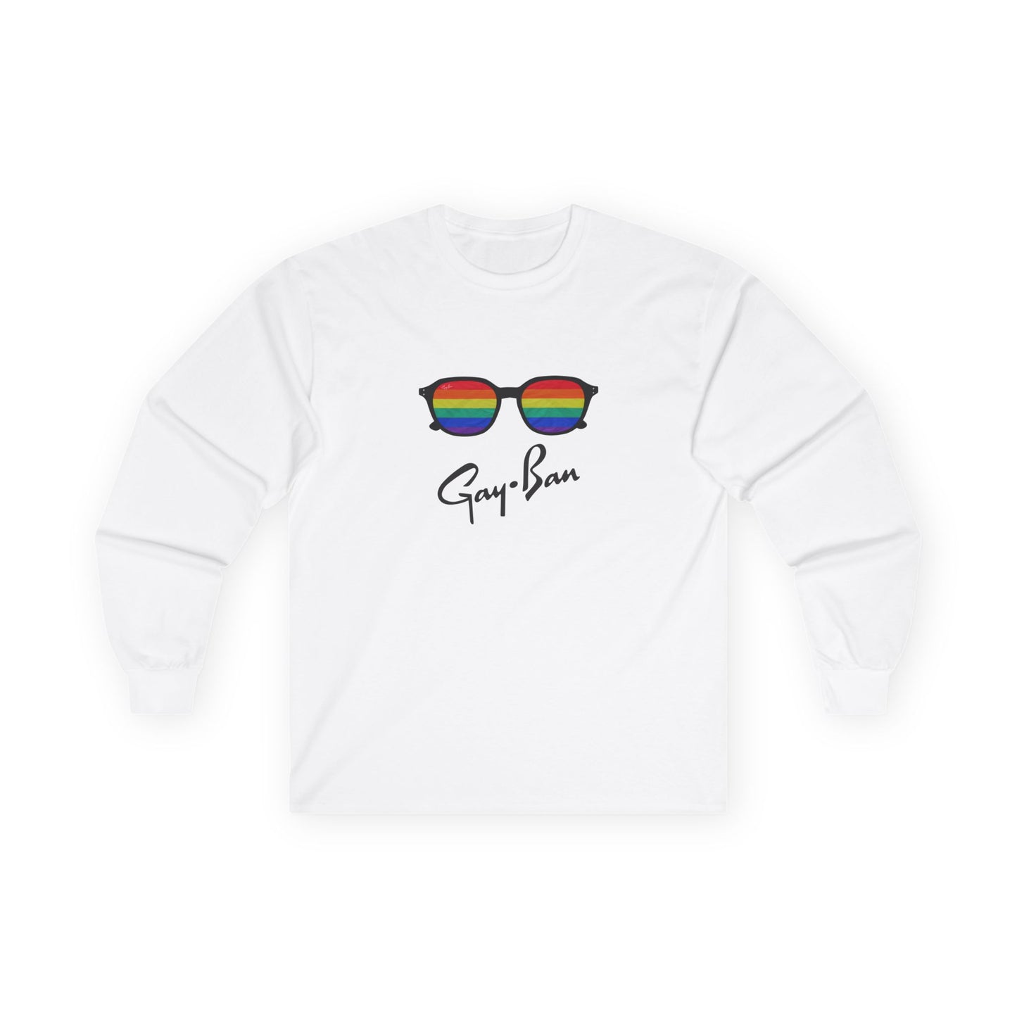 Satirical ‘Gay-Ban’ t-shirt parodying the Ray-Ban logo with colorful sunglasses design, mixing bold humor and brand satire