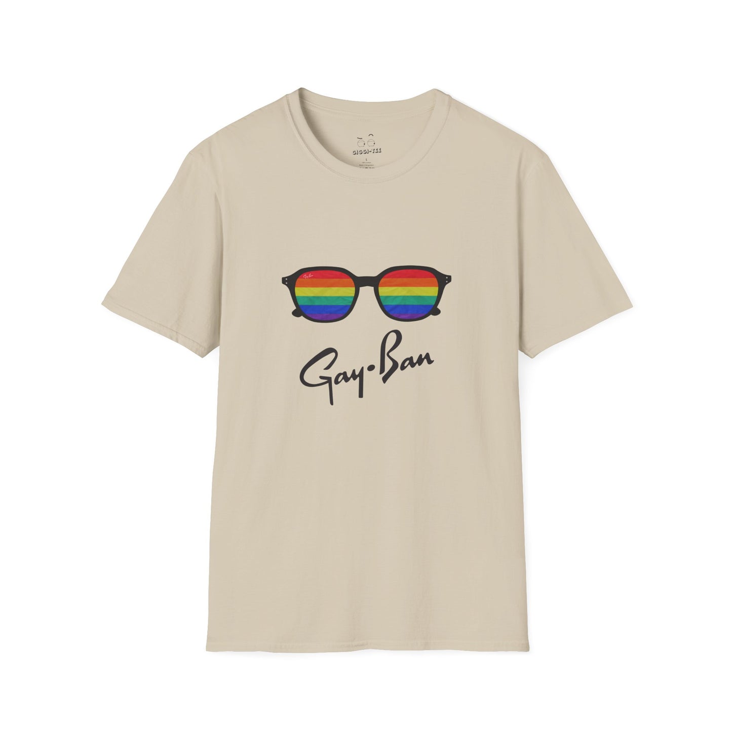 Satirical ‘Gay-Ban’ t-shirt parodying the Ray-Ban logo with colorful sunglasses design, mixing bold humor and brand satire