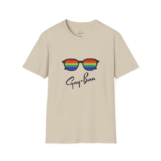 Satirical ‘Gay-Ban’ t-shirt parodying the Ray-Ban logo with colorful sunglasses design, mixing bold humor and brand satire