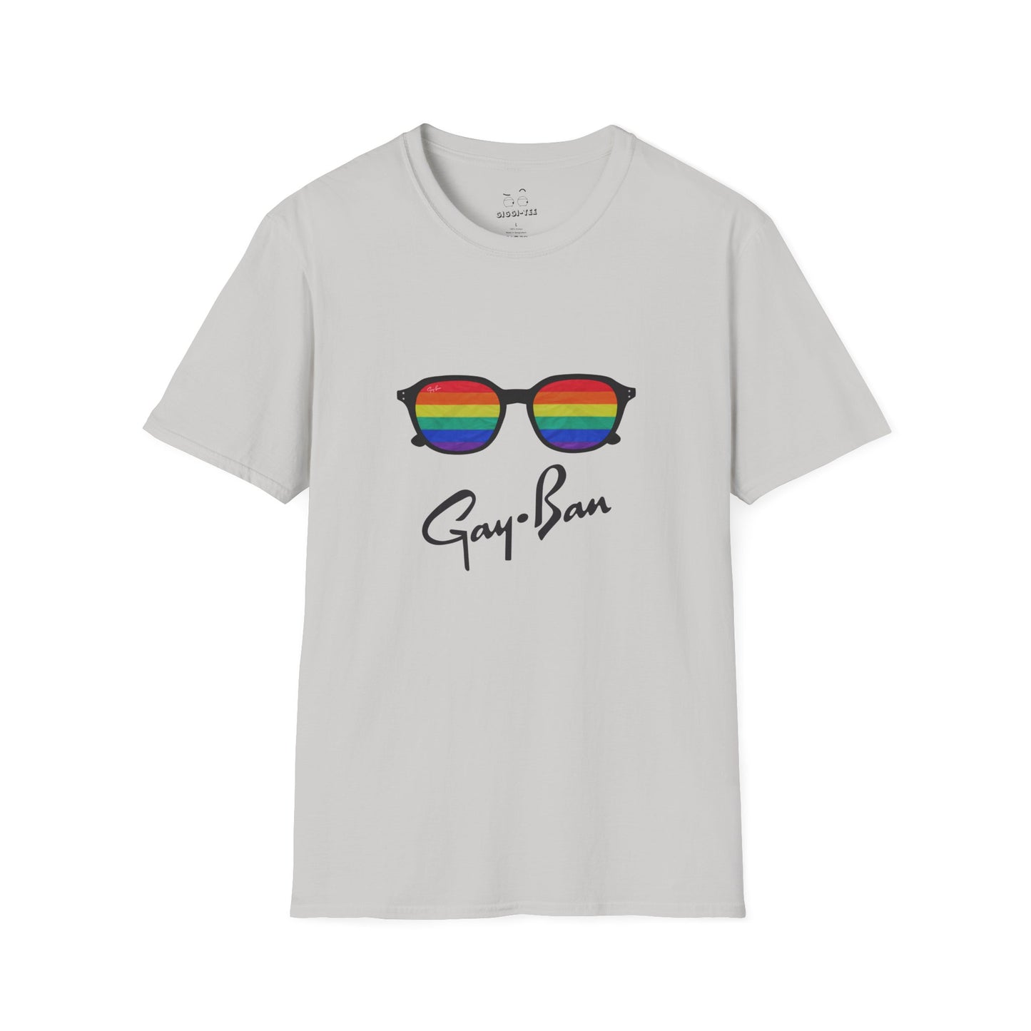 Satirical ‘Gay-Ban’ t-shirt parodying the Ray-Ban logo with colorful sunglasses design, mixing bold humor and brand satire