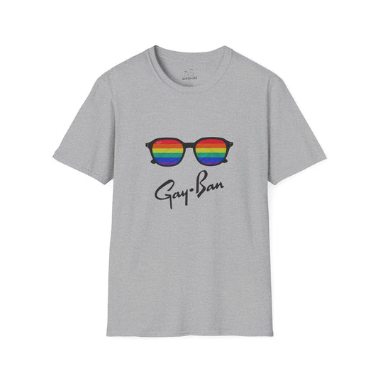 Satirical ‘Gay-Ban’ t-shirt parodying the Ray-Ban logo with colorful sunglasses design, mixing bold humor and brand satire