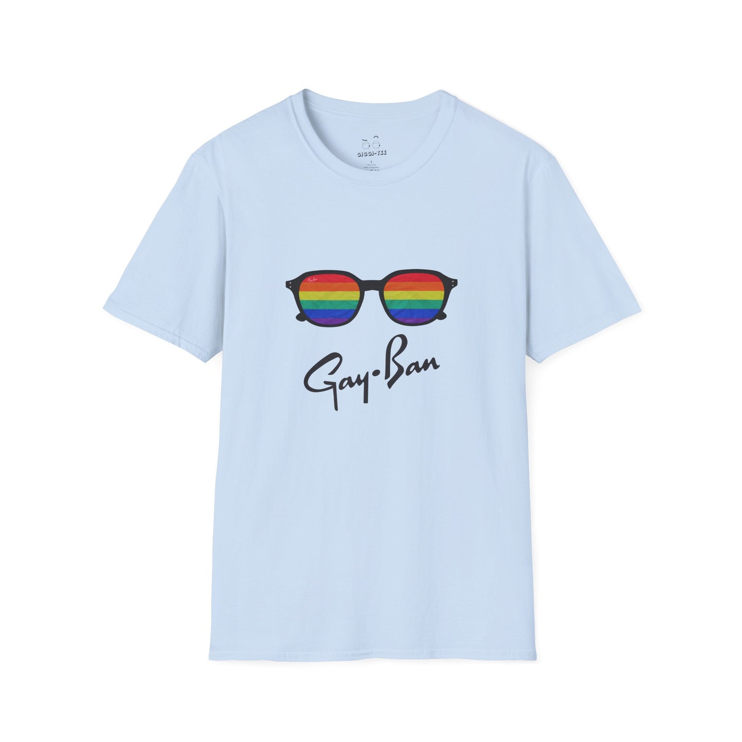 Satirical ‘Gay-Ban’ t-shirt parodying the Ray-Ban logo with colorful sunglasses design, mixing bold humor and brand satire
