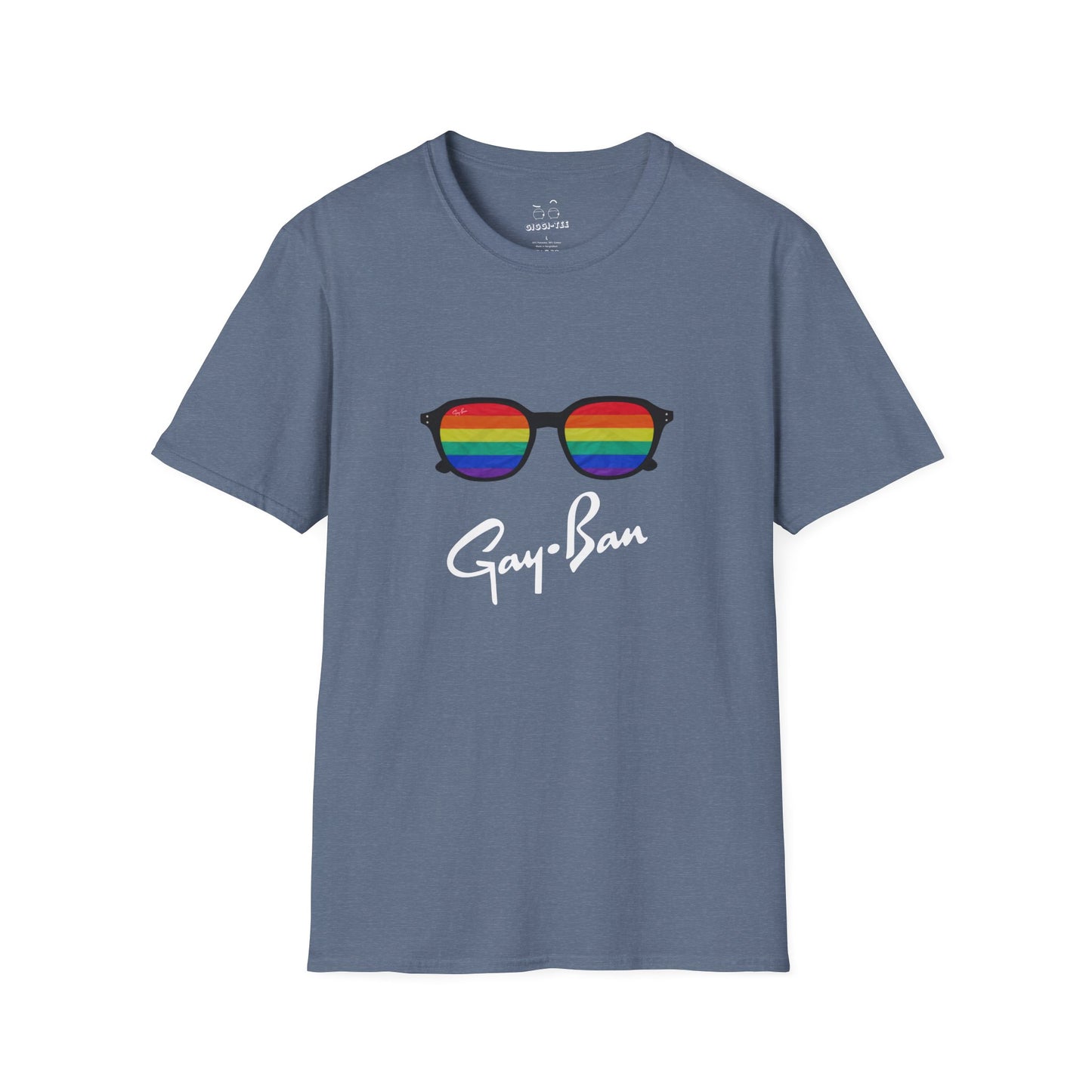 Satirical ‘Gay-Ban’ t-shirt parodying the Ray-Ban logo with colorful sunglasses design, mixing bold humor and brand satire