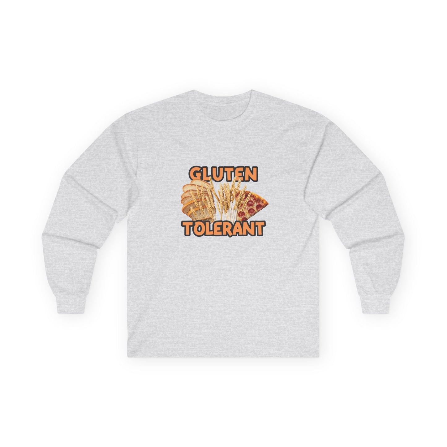 Gluten Tolerant t-shirt featuring wheat, bread, and pizza illustration