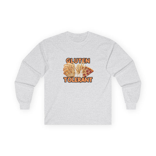 Gluten Tolerant t-shirt featuring wheat, bread, and pizza illustration