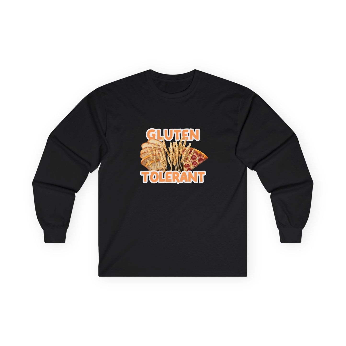 Gluten Tolerant t-shirt featuring wheat, bread, and pizza illustration