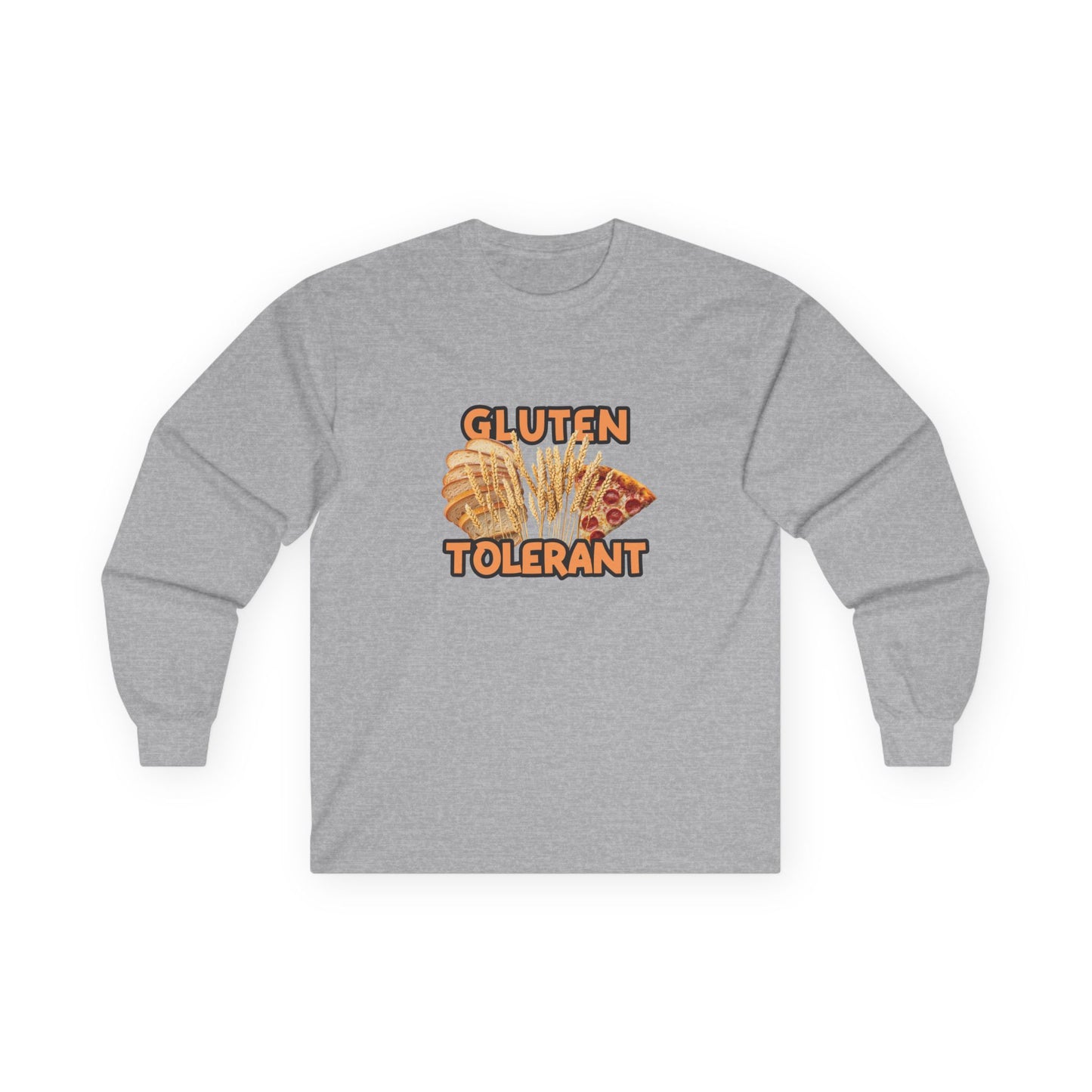 Gluten Tolerant t-shirt featuring wheat, bread, and pizza illustration