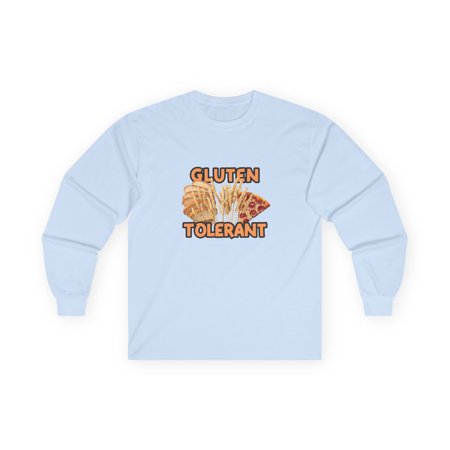 Gluten Tolerant t-shirt featuring wheat, bread, and pizza illustration