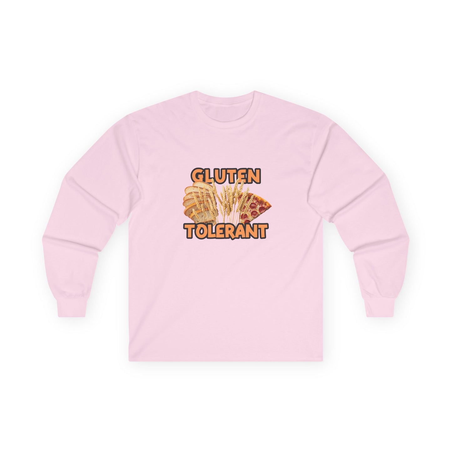 Gluten Tolerant t-shirt featuring wheat, bread, and pizza illustration