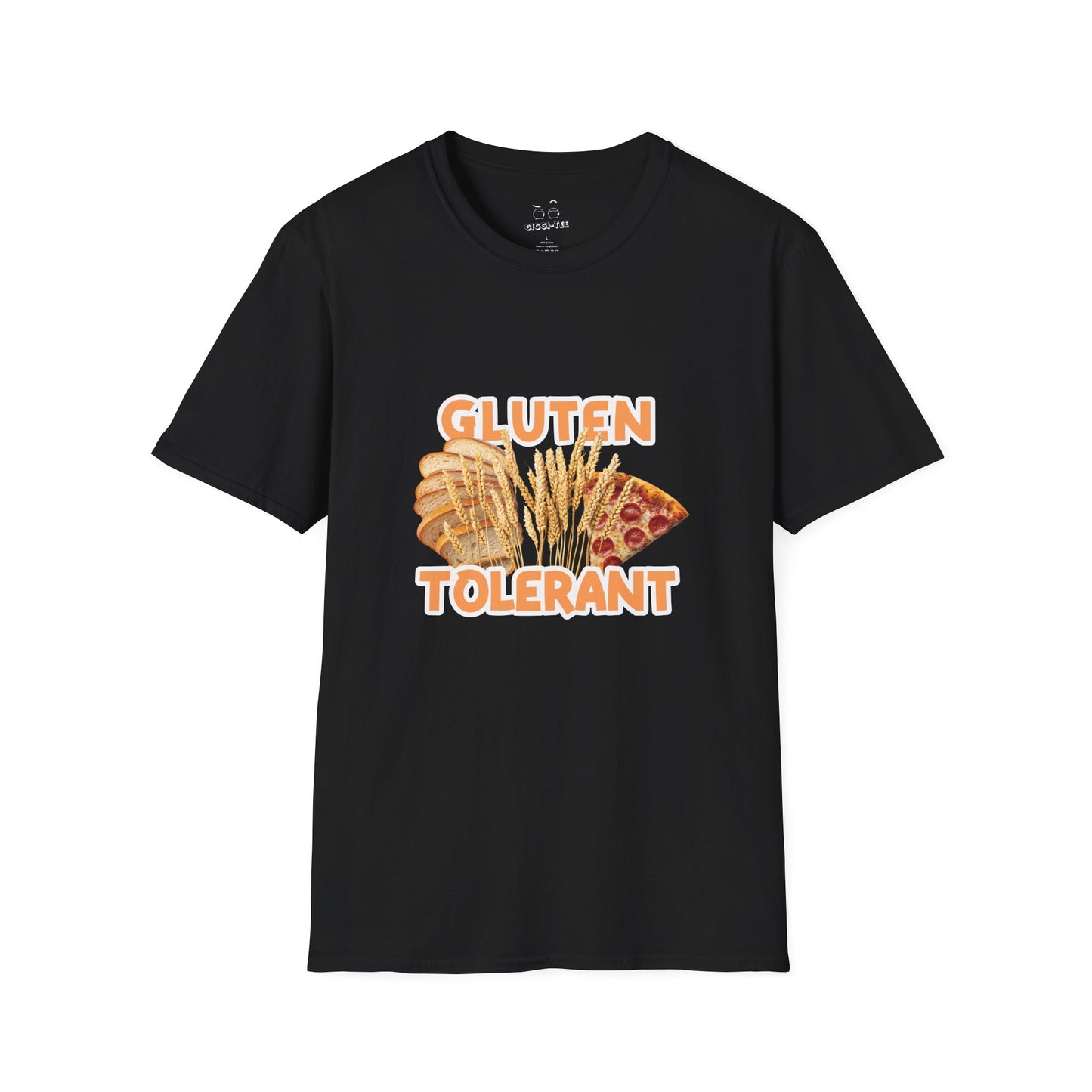 Gluten Tolerant t-shirt featuring wheat, bread, and pizza illustration