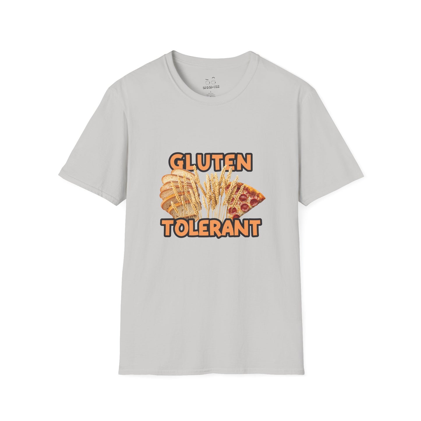Gluten Tolerant t-shirt featuring wheat, bread, and pizza illustration