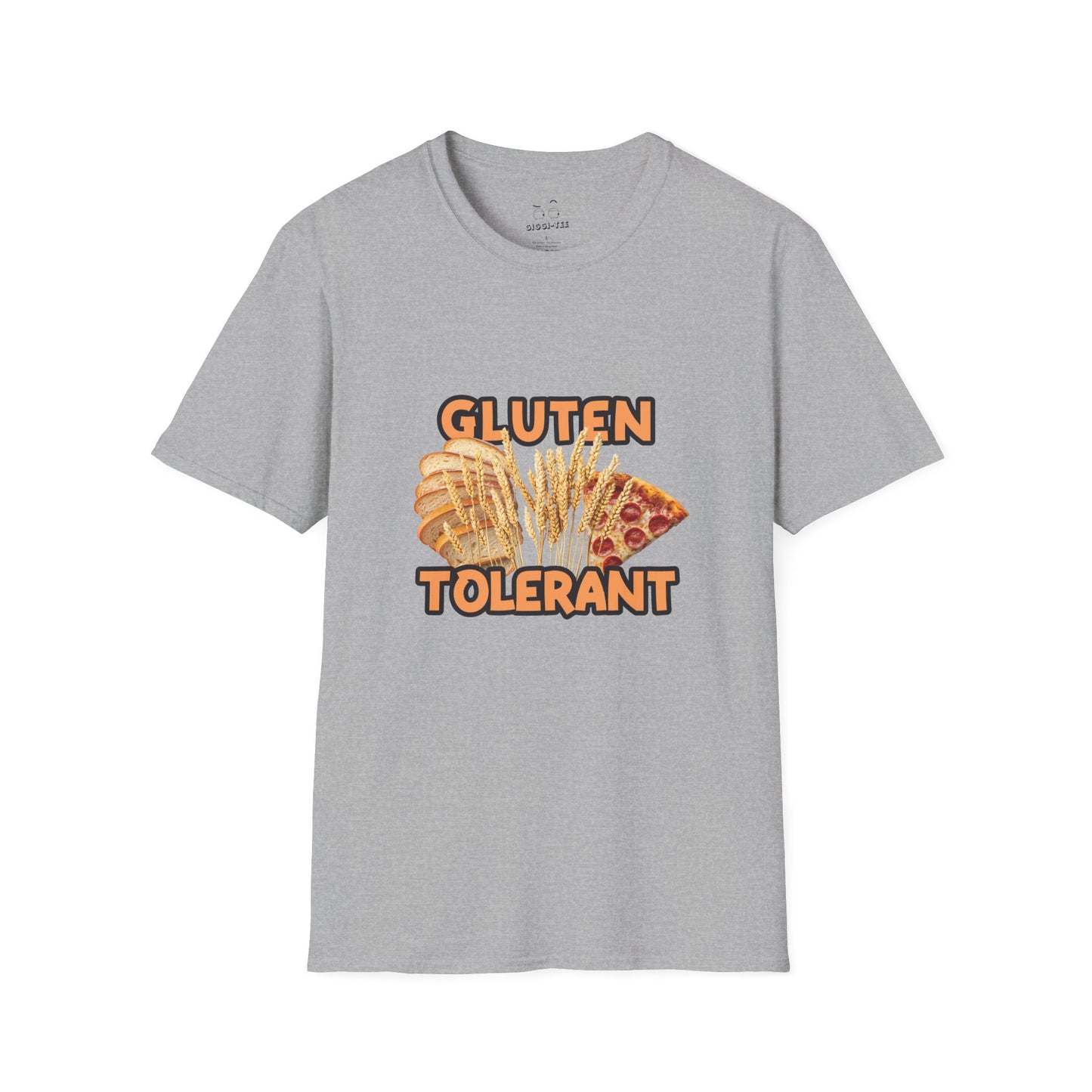 Gluten Tolerant t-shirt featuring wheat, bread, and pizza illustration