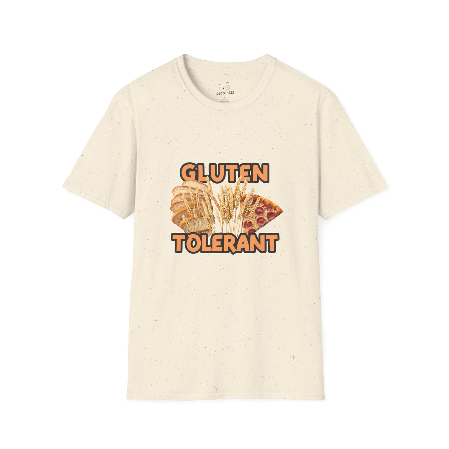 Gluten Tolerant t-shirt featuring wheat, bread, and pizza illustration