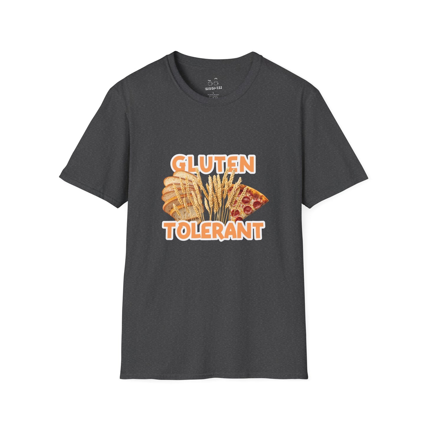 Gluten Tolerant t-shirt featuring wheat, bread, and pizza illustration
