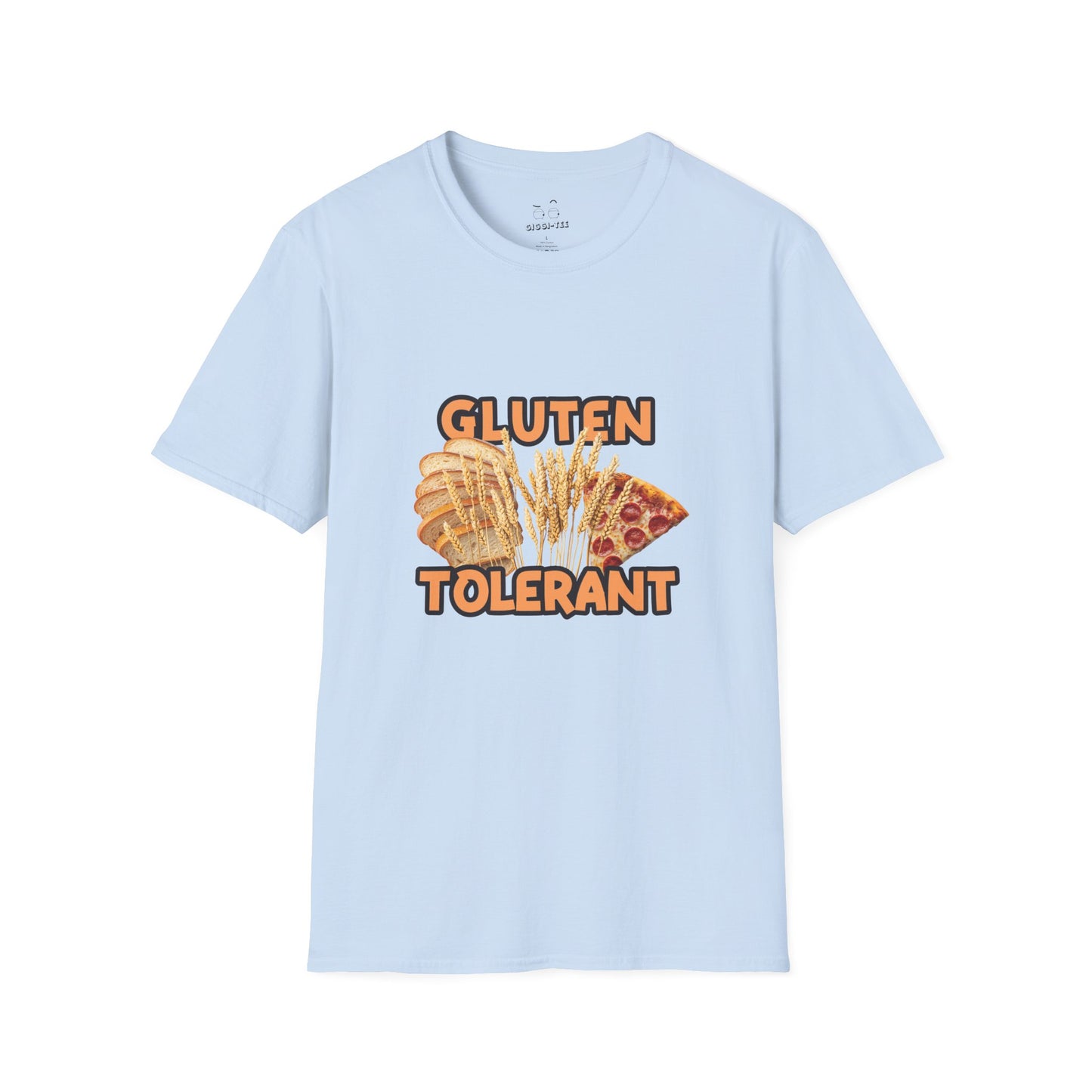 Gluten Tolerant t-shirt featuring wheat, bread, and pizza illustration