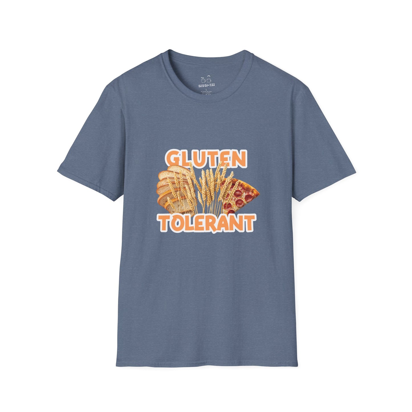 Gluten Tolerant t-shirt featuring wheat, bread, and pizza illustration