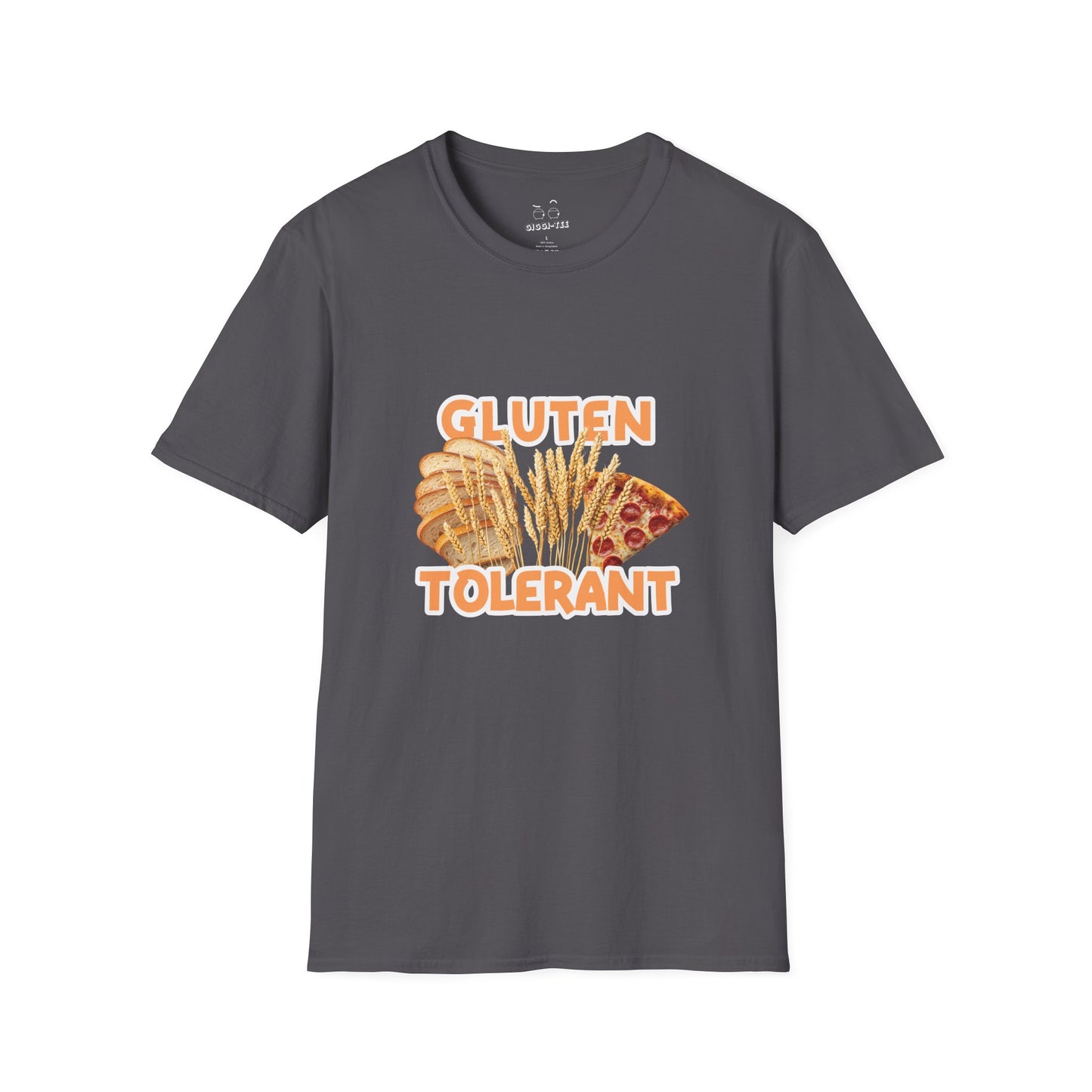 Gluten Tolerant t-shirt featuring wheat, bread, and pizza illustration
