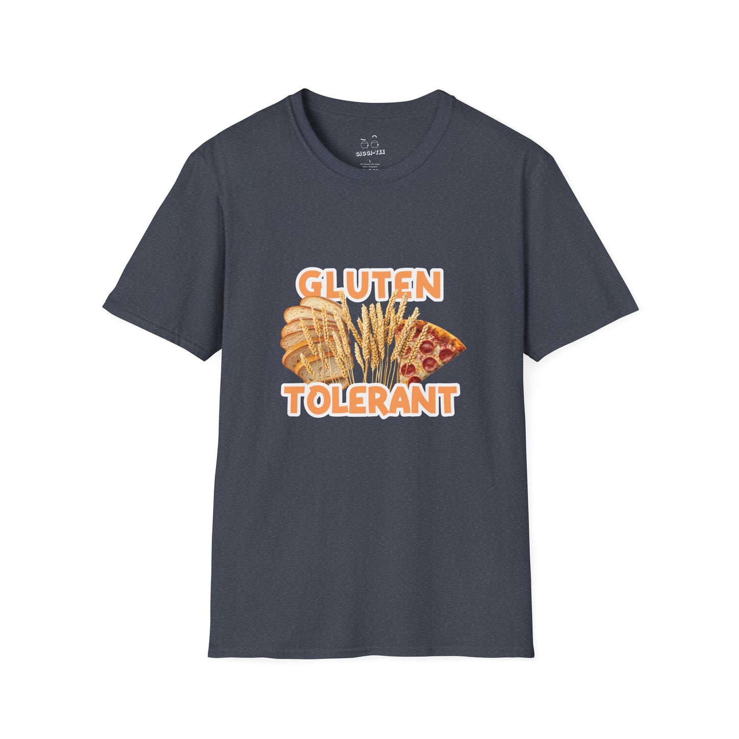Gluten Tolerant t-shirt featuring wheat, bread, and pizza illustration