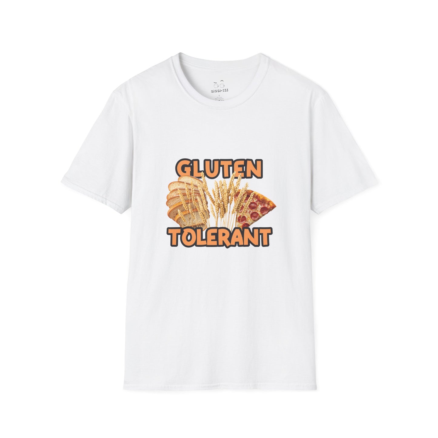Gluten Tolerant t-shirt featuring wheat, bread, and pizza illustration