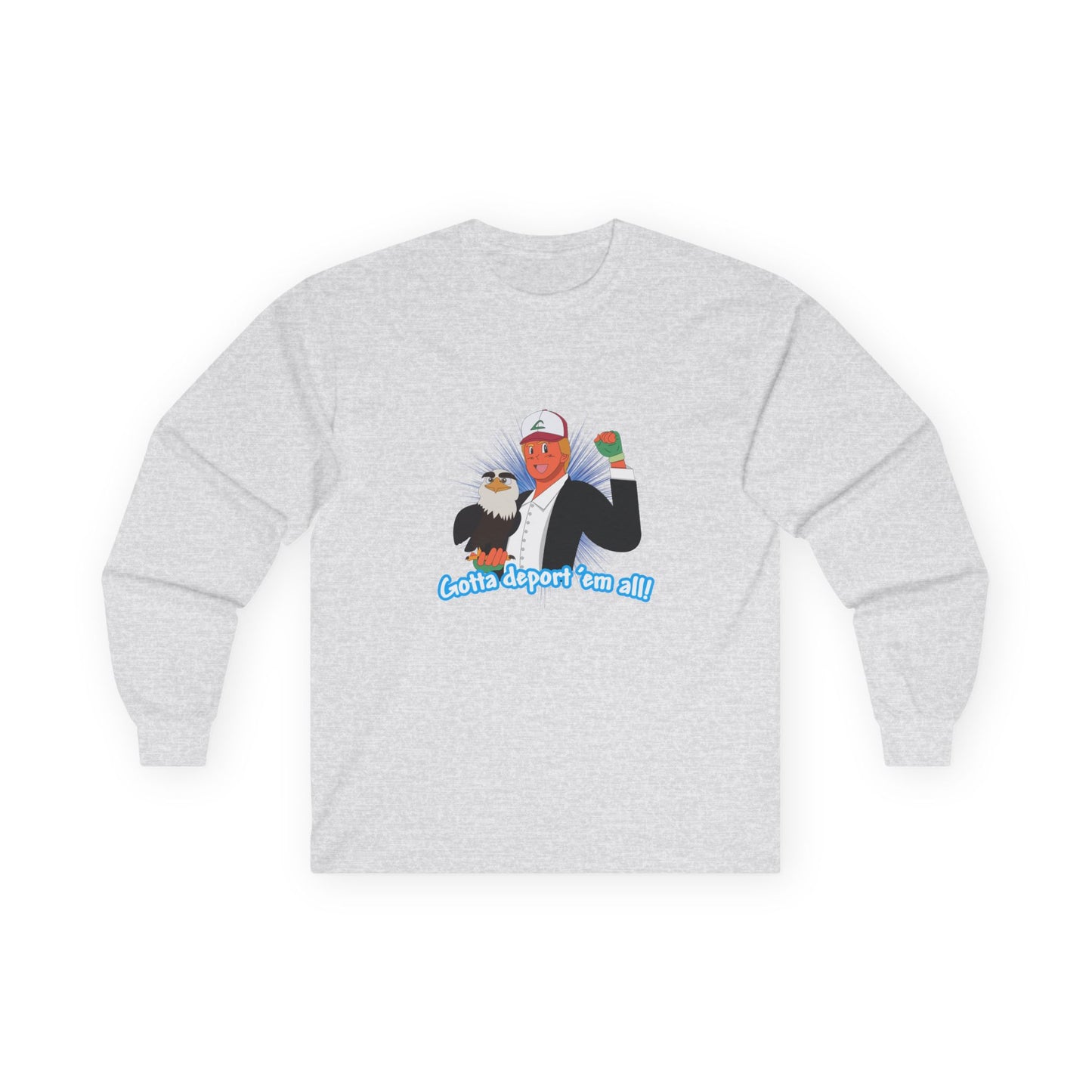 Gotta Deport ’Em All t-shirt parody of Donald Trump in Pokémon style holding bald eagle, political humor shirt.