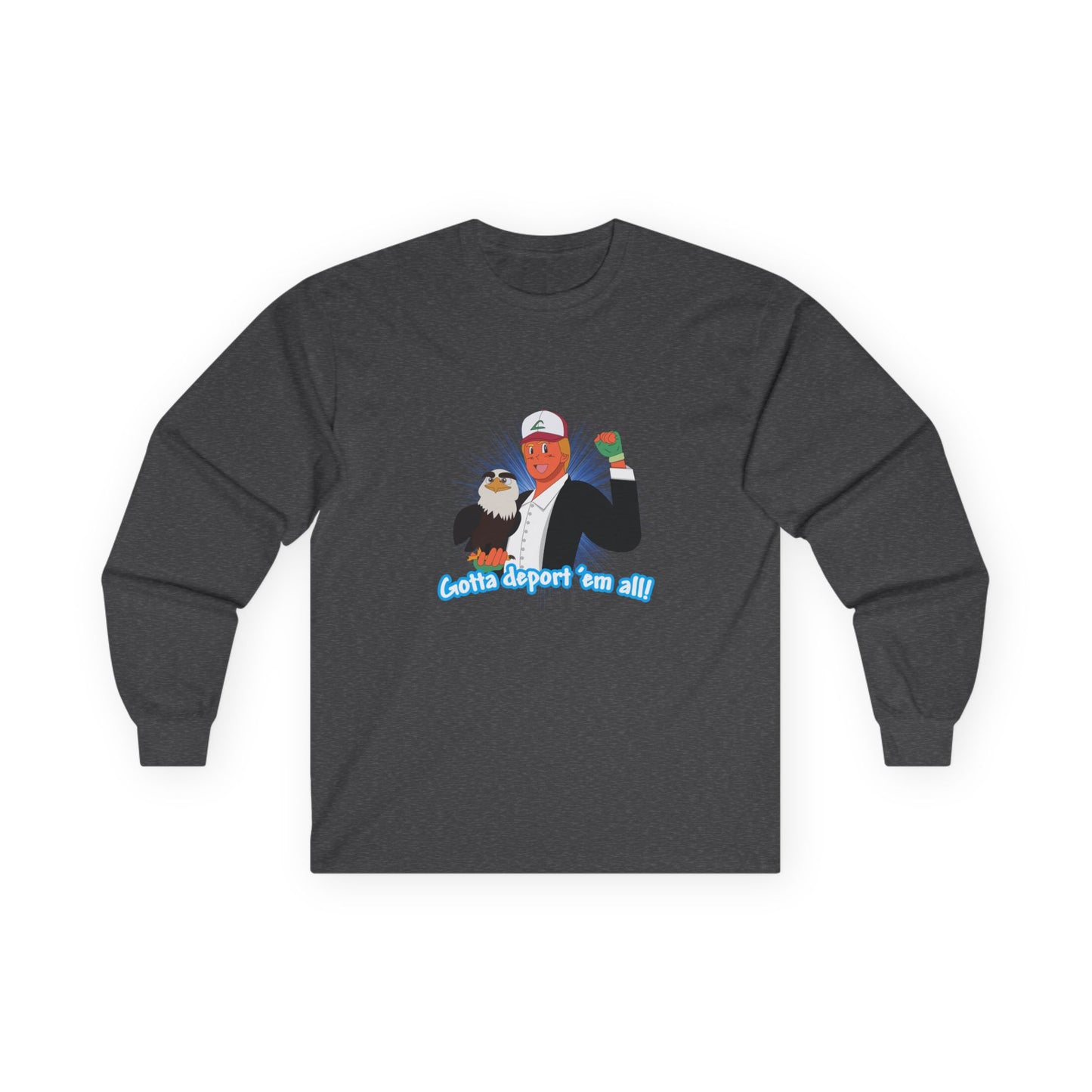 Gotta Deport ’Em All t-shirt parody of Donald Trump in Pokémon style holding bald eagle, political humor shirt.