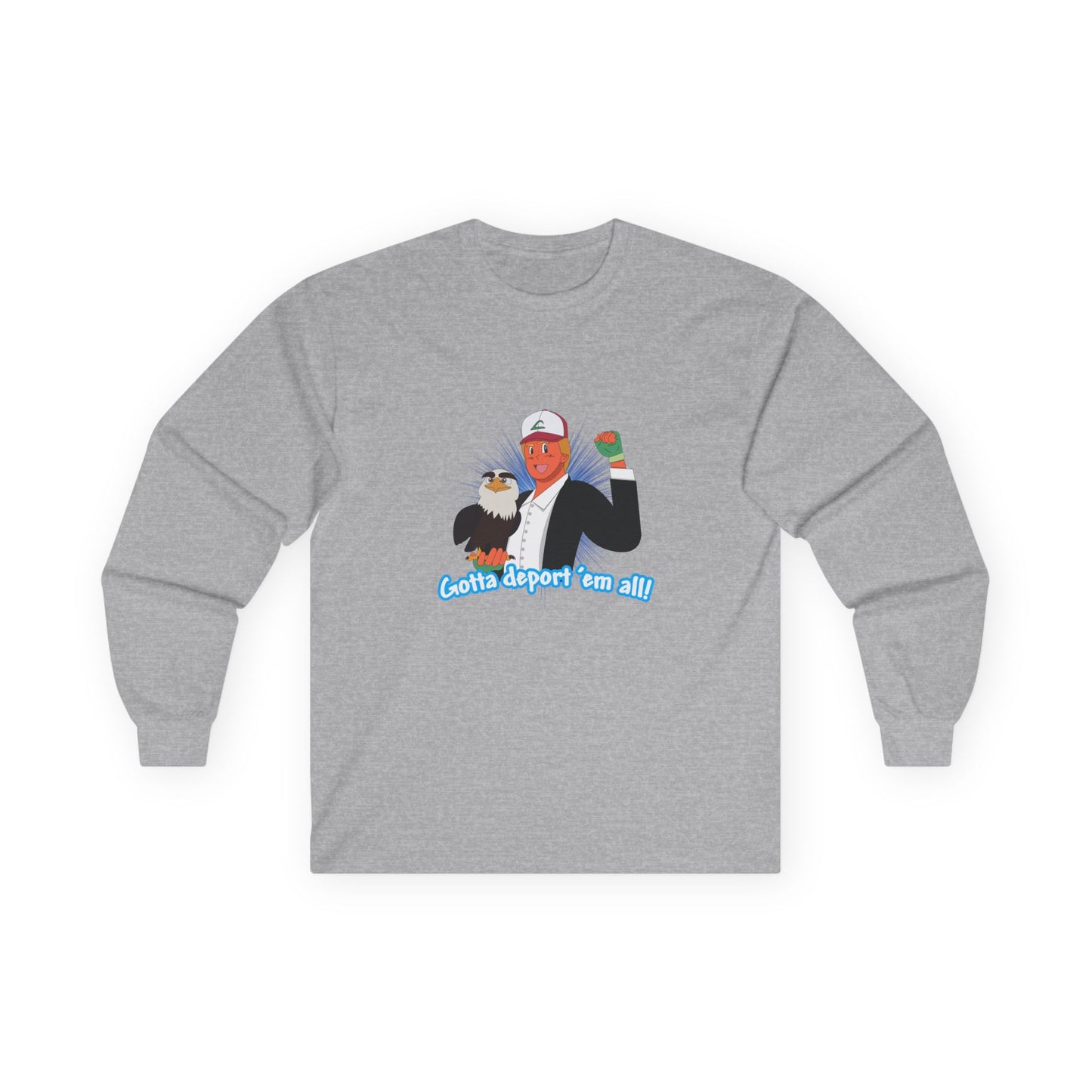 Gotta Deport ’Em All t-shirt parody of Donald Trump in Pokémon style holding bald eagle, political humor shirt.