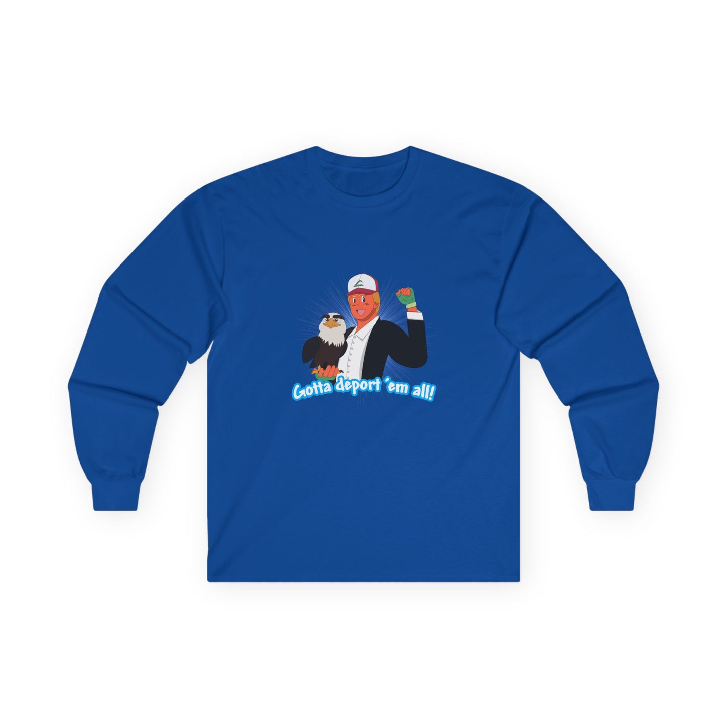 Gotta Deport ’Em All t-shirt parody of Donald Trump in Pokémon style holding bald eagle, political humor shirt.