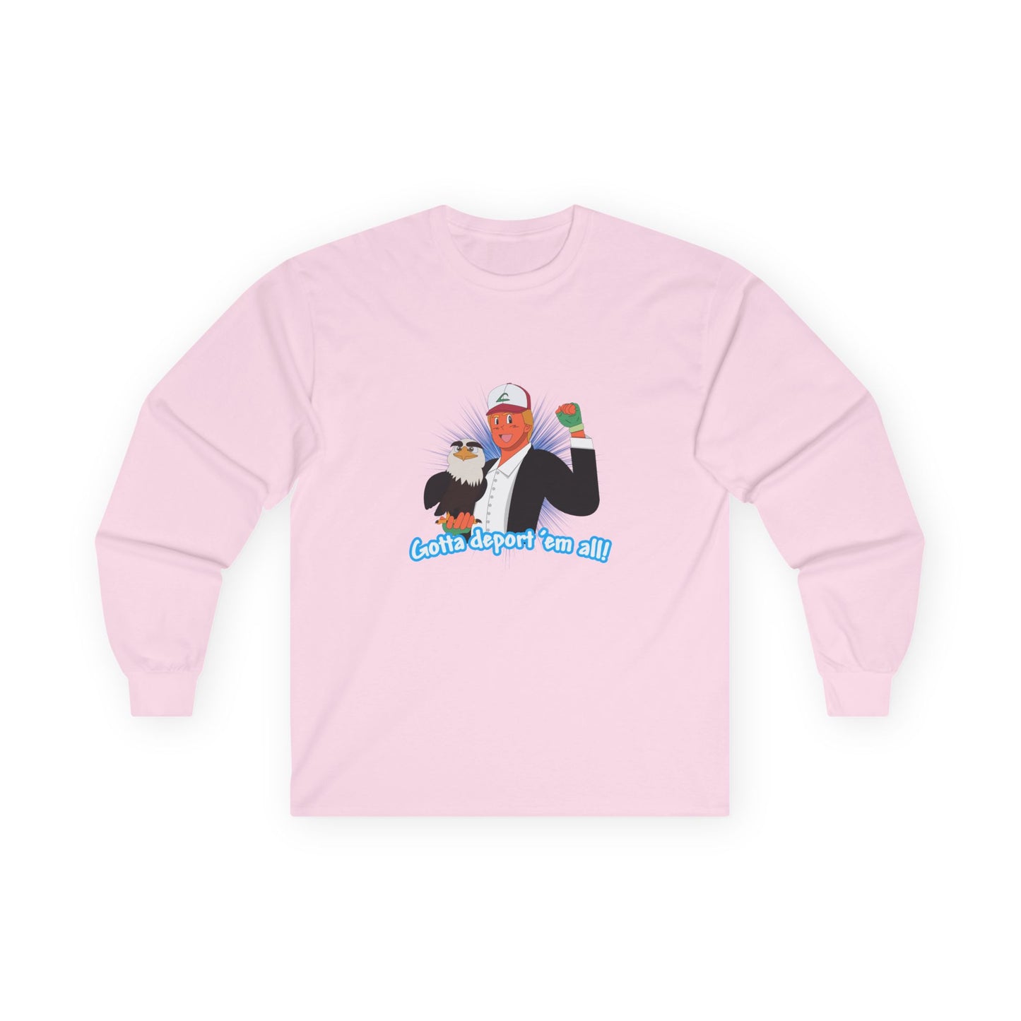 Gotta Deport ’Em All t-shirt parody of Donald Trump in Pokémon style holding bald eagle, political humor shirt.
