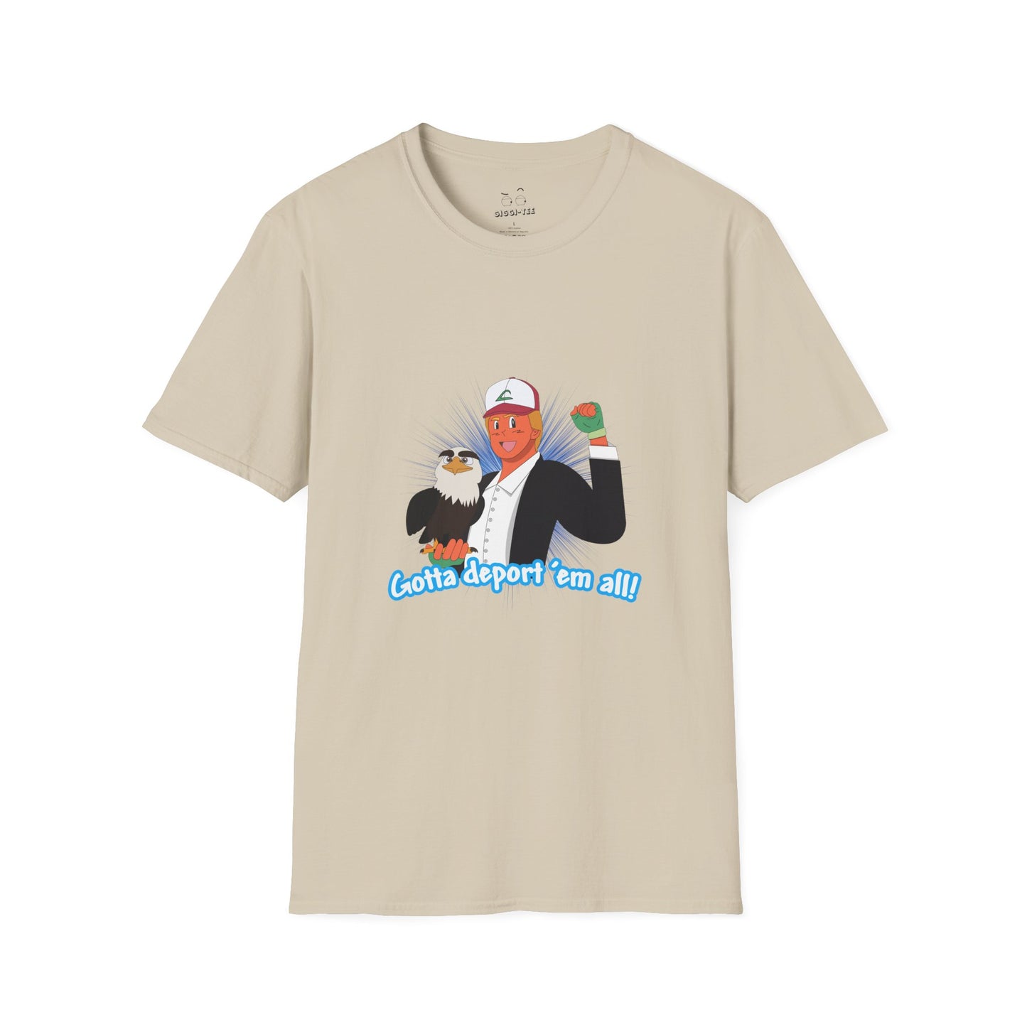 Gotta Deport ’Em All t-shirt parody of Donald Trump in Pokémon style holding bald eagle, political humor shirt.
