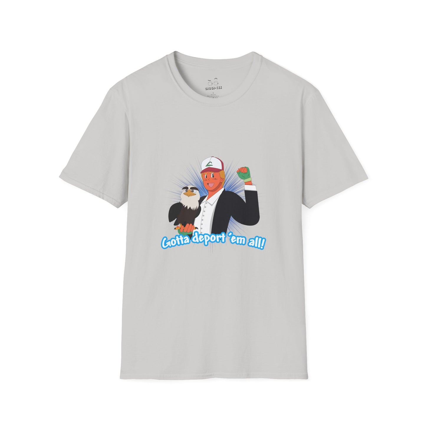 Gotta Deport ’Em All t-shirt parody of Donald Trump in Pokémon style holding bald eagle, political humor shirt.