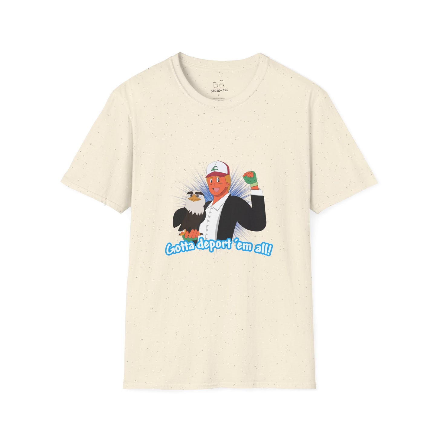 Gotta Deport ’Em All t-shirt parody of Donald Trump in Pokémon style holding bald eagle, political humor shirt.
