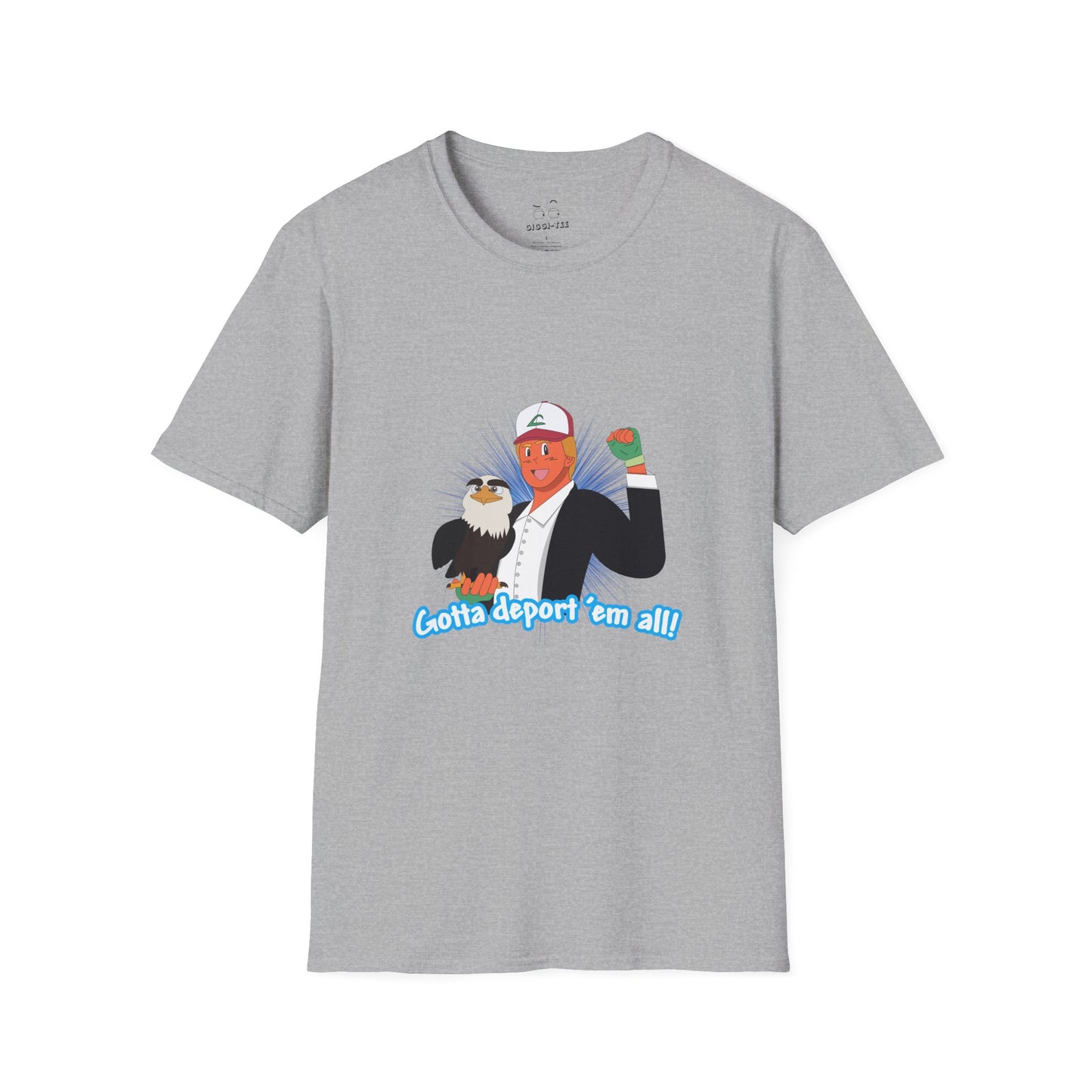 Gotta Deport ’Em All t-shirt parody of Donald Trump in Pokémon style holding bald eagle, political humor shirt.