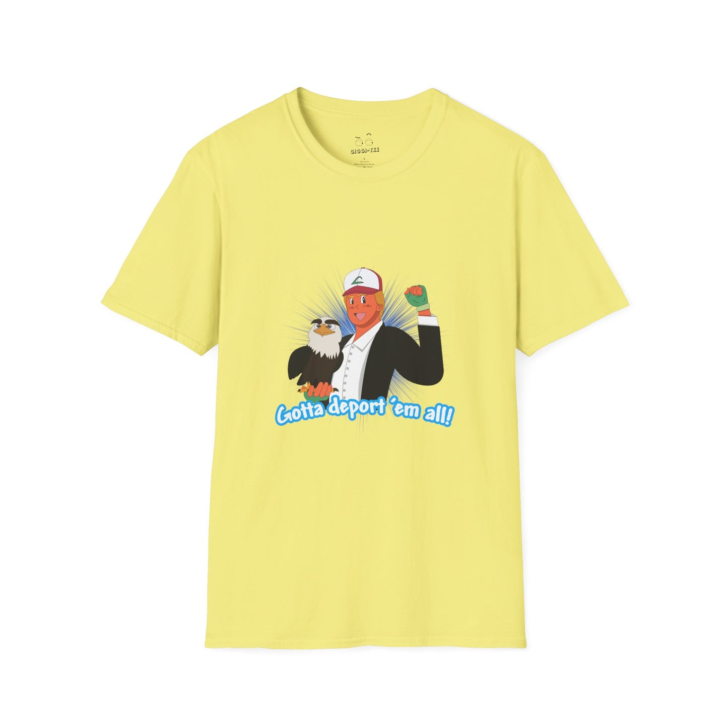 Gotta Deport ’Em All t-shirt parody of Donald Trump in Pokémon style holding bald eagle, political humor shirt.