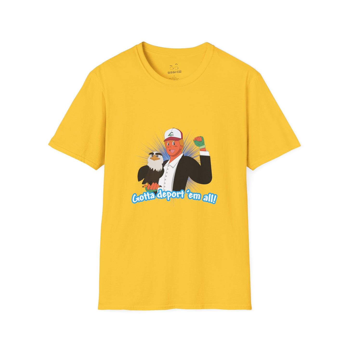 Gotta Deport ’Em All t-shirt parody of Donald Trump in Pokémon style holding bald eagle, political humor shirt.