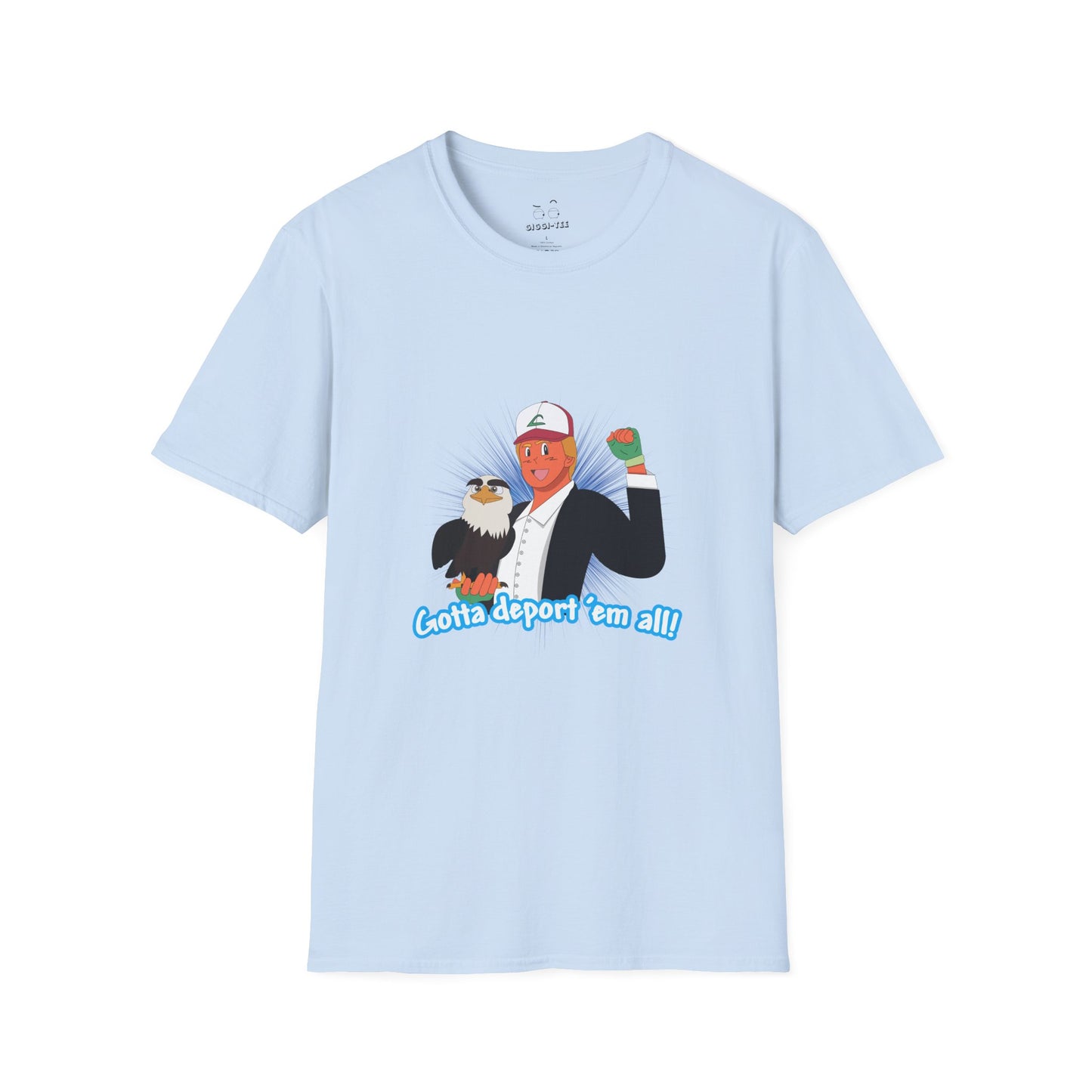 Gotta Deport ’Em All t-shirt parody of Donald Trump in Pokémon style holding bald eagle, political humor shirt.