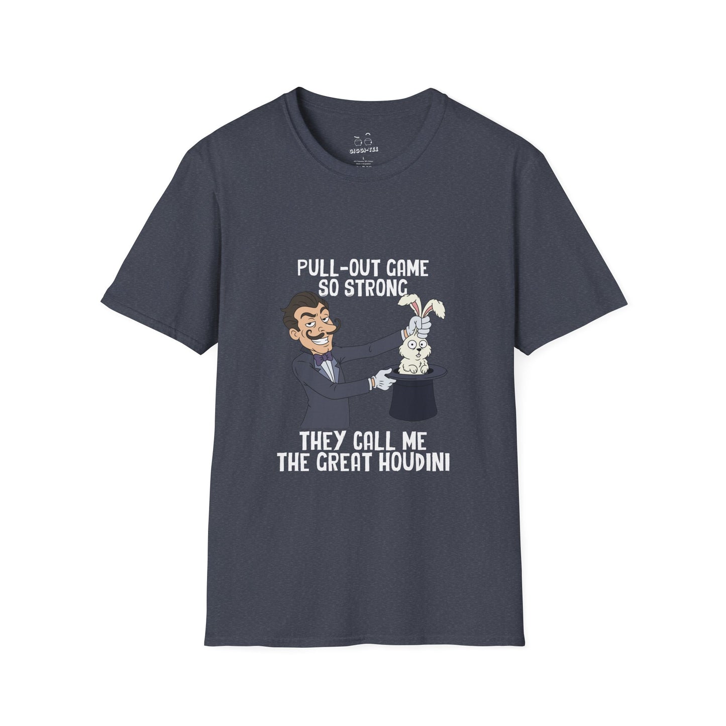 Vintage cartoon shirt design featuring a magician smirking while pulling a rabbit out of a hat, representing the text “Pull-out game so strong they call me the Great Houdini.”