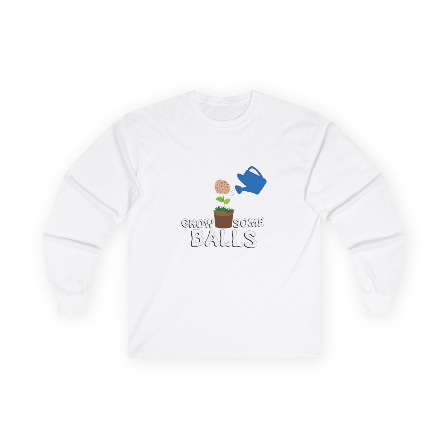 Edgy funny t-shirt showing literal testicles growing out of plant pots — bold visual pun with absurd garden humor