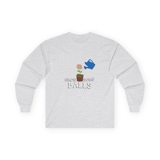 Edgy funny t-shirt showing literal testicles growing out of plant pots — bold visual pun with absurd garden humor