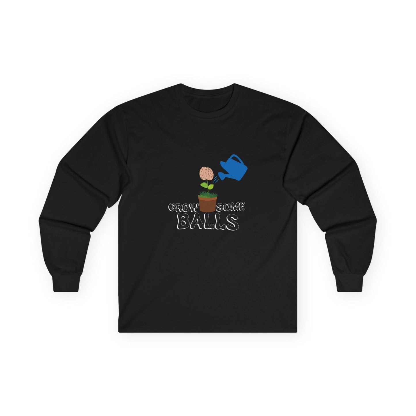 Edgy funny t-shirt showing literal testicles growing out of plant pots — bold visual pun with absurd garden humor